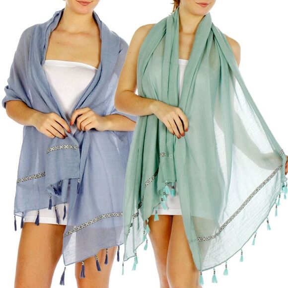 NWT Feria Mode Lightweight Aztec Insert Trim Tasseled Scarf Shawl Wrap Cover-Up - Picture 1 of 5